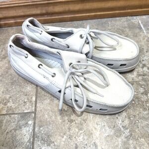 Crocs Boat Shoes Off White Leather Loafers M 11 Deck Shoes